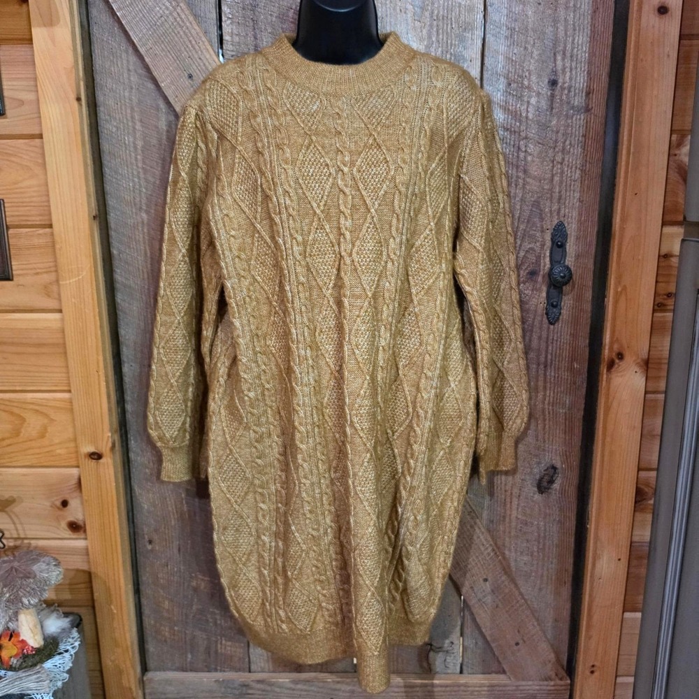 Ophelia Roe Mustard Gold Cable Knit Sweater Dress Plus Size 2X Cozy